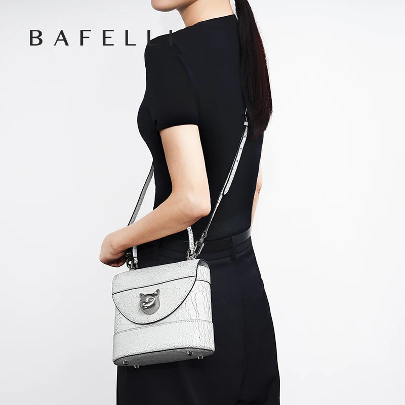 BAFELLI 2026 New Arrival: Unique Cracked Leather Shoulder Bag with Cat Head Design, Luxury Brand Mini Crossbody Bag
