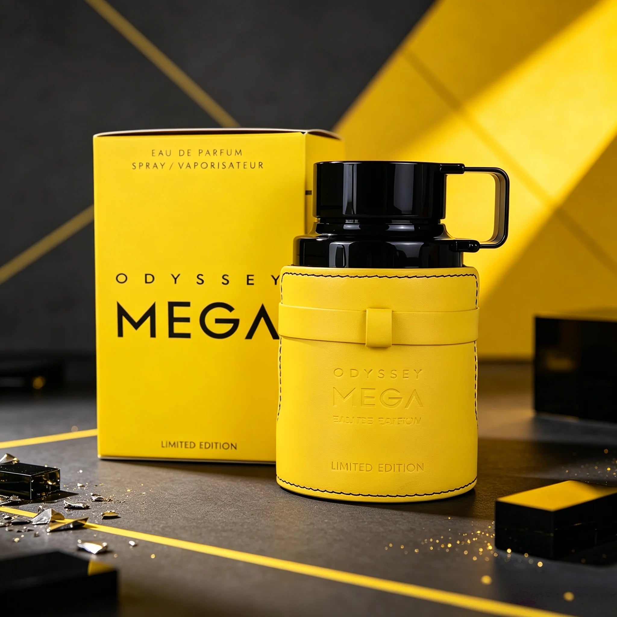 Armaf Odyssey Mega Limited Edition EDP 100ml Citrus Aromatic Fresh Spicy Sweet Woody Fresh Scent Men Perfume Yellow Leather Wrap Kettle Bottle Luxury Gift Box