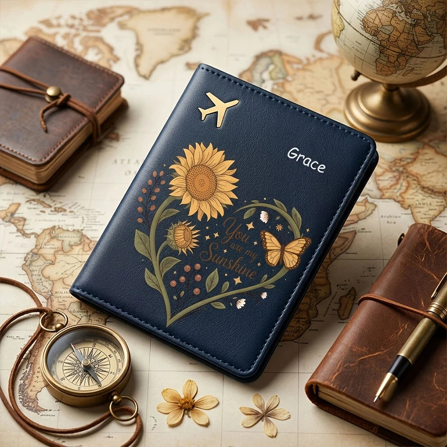 Personalized Butterfly And Sunflower Vine Heart-Shaped Pattern Passport Cover, Customizable Name, Text Passport Book Storage