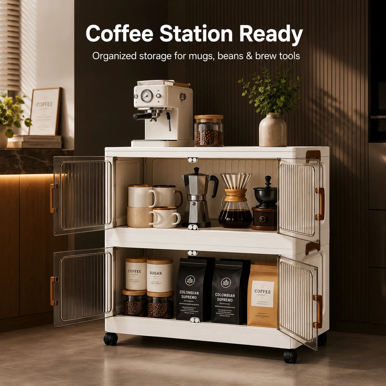 3/4/5-tier home office storage boxes, modular stackable and foldable storage cabinets, with semi-transparent compartments, double doors, and lockable wheels, dustproof foldable plastic storage boxes with wood grain handles, w