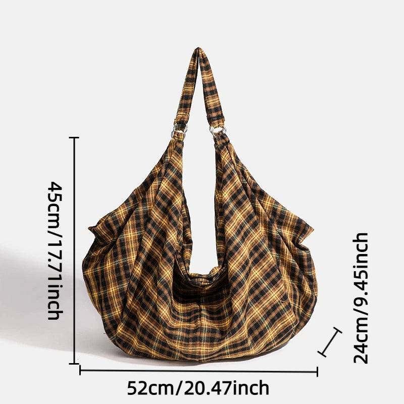 Casual Vintage Tote Bag Large Capacity Canvas Tote Women's Relaxed Style Checkered Commuter Shoulder Bag Versatile Travel Bag