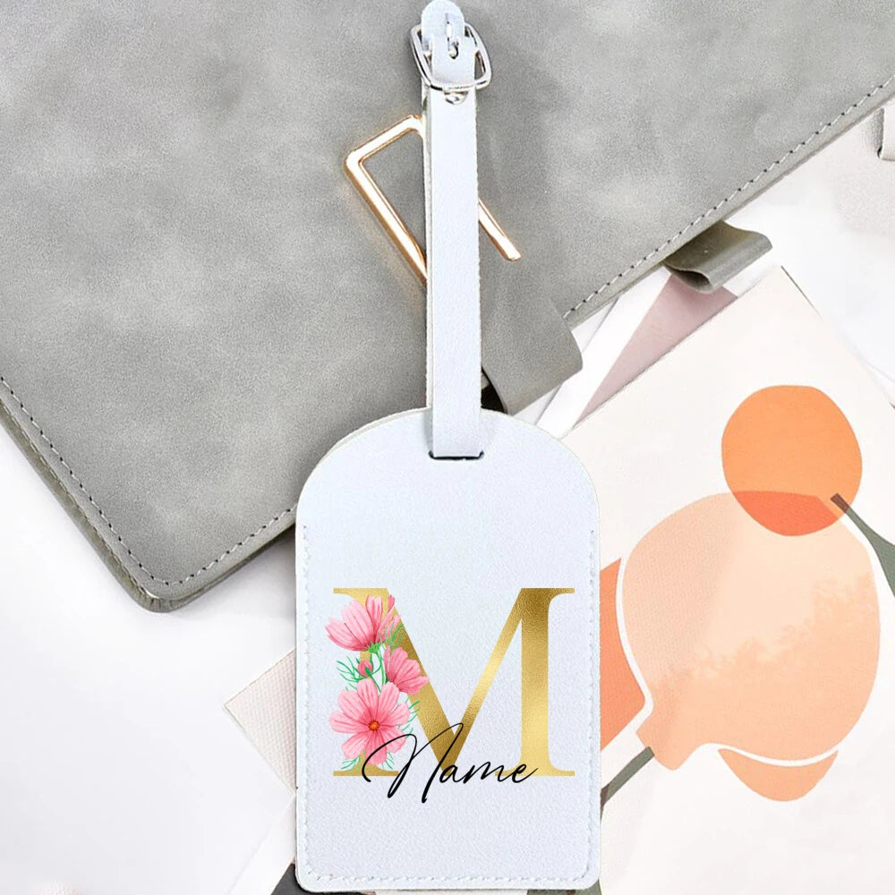 Personalised Golden Letters + Flower Luggage Tag, Custom Name Suitcase Label Baggage Tags Travel Accessorie