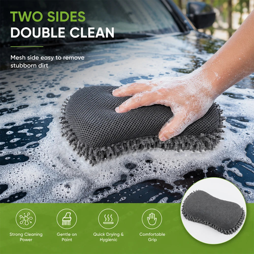 Chenille Microfiber Car Wash Sponge 8-Shape Scratch Free High Foam Super Absorbent Mesh Back Auto Detailing Cleaning Tools