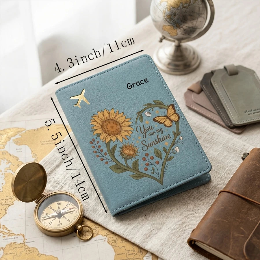 Personalized Butterfly And Sunflower Vine Heart-Shaped Pattern Passport Cover, Customizable Name, Text Passport Book Storage