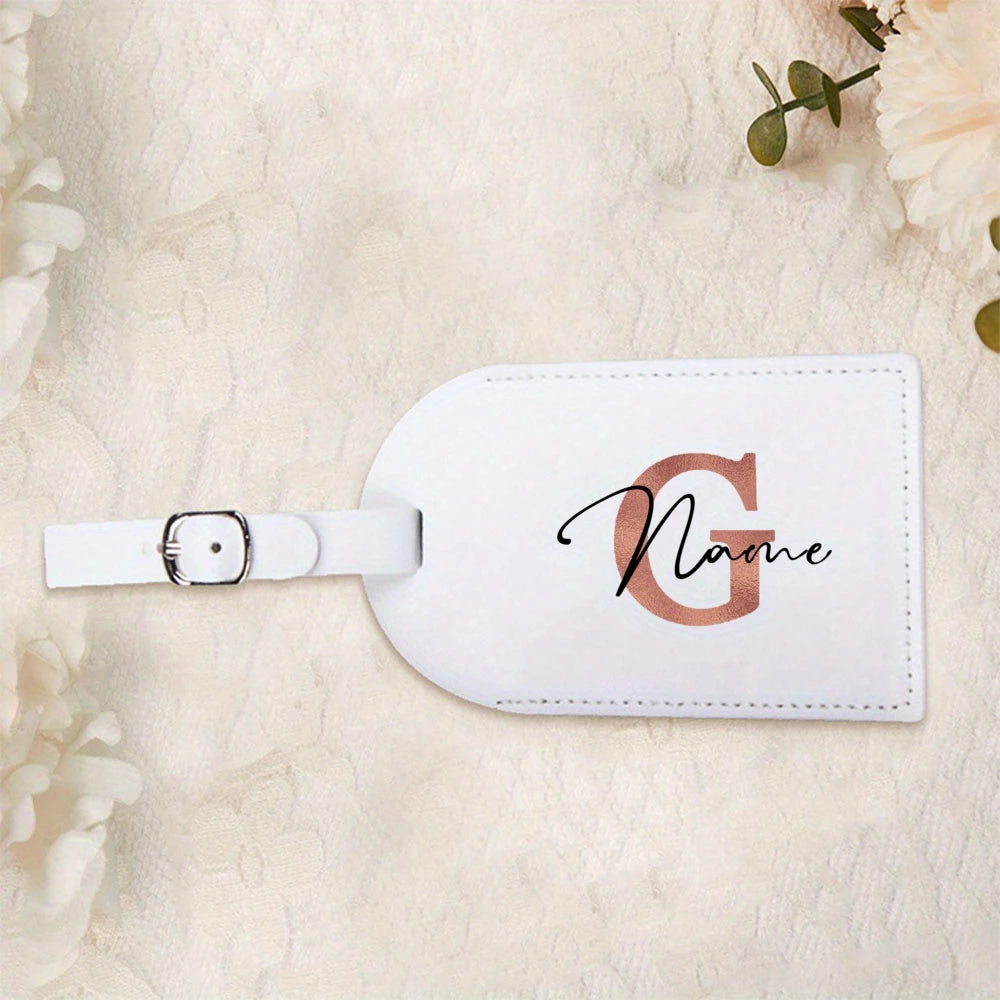Personalized White Luggage Tag with Rose Golden Initials, Perfect for Your Suitcase Or Travel Bag