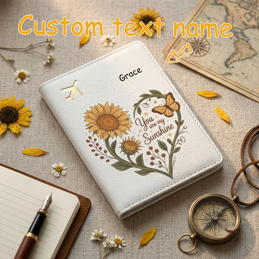 Personalized Butterfly And Sunflower Vine Heart-Shaped Pattern Passport Cover, Customizable Name, Text Passport Book Storage