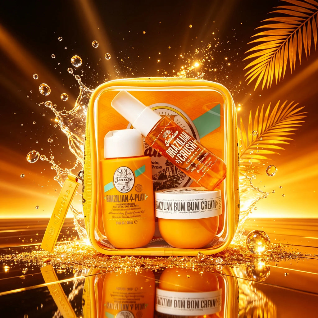 Sol de Janeiro Women's Body Care Travel Set, Moisturizing and Firming Tropical Caramel Nut-Scented Body Cream and Shower Spray, Clear Storage Pouch with Yellow Trim