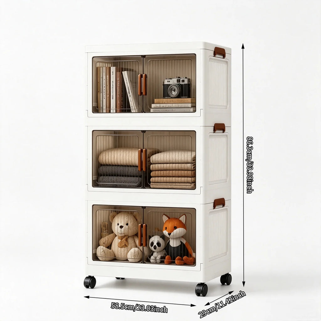 3/4/5-tier home office storage boxes, modular stackable and foldable storage cabinets, with semi-transparent compartments, double doors, and lockable wheels, dustproof foldable plastic storage boxes with wood grain handles, w