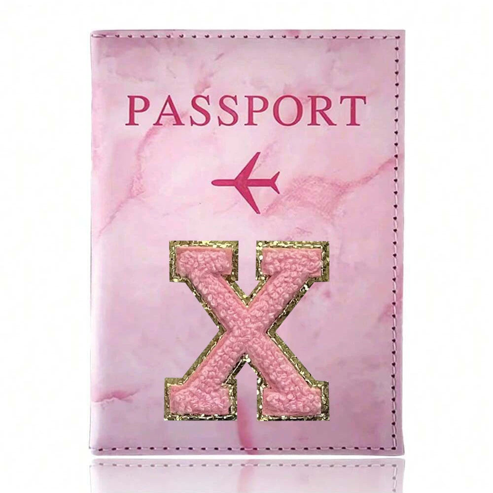 Pink Embroidery A-Z Letter Passport Cover Travel Wallet Card Holder Portable Document Case Nice Holiday Travel Gift