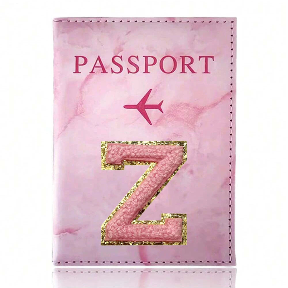 Pink Embroidery A-Z Letter Passport Cover Travel Wallet Card Holder Portable Document Case Nice Holiday Travel Gift