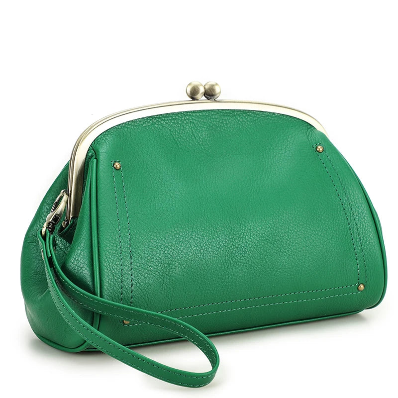 Genuine Leather Women Clutch Wallet Kiss Lock Design Luxury Female Purse Handbag Large Capacity Long Wallet Bag Phone Pocket