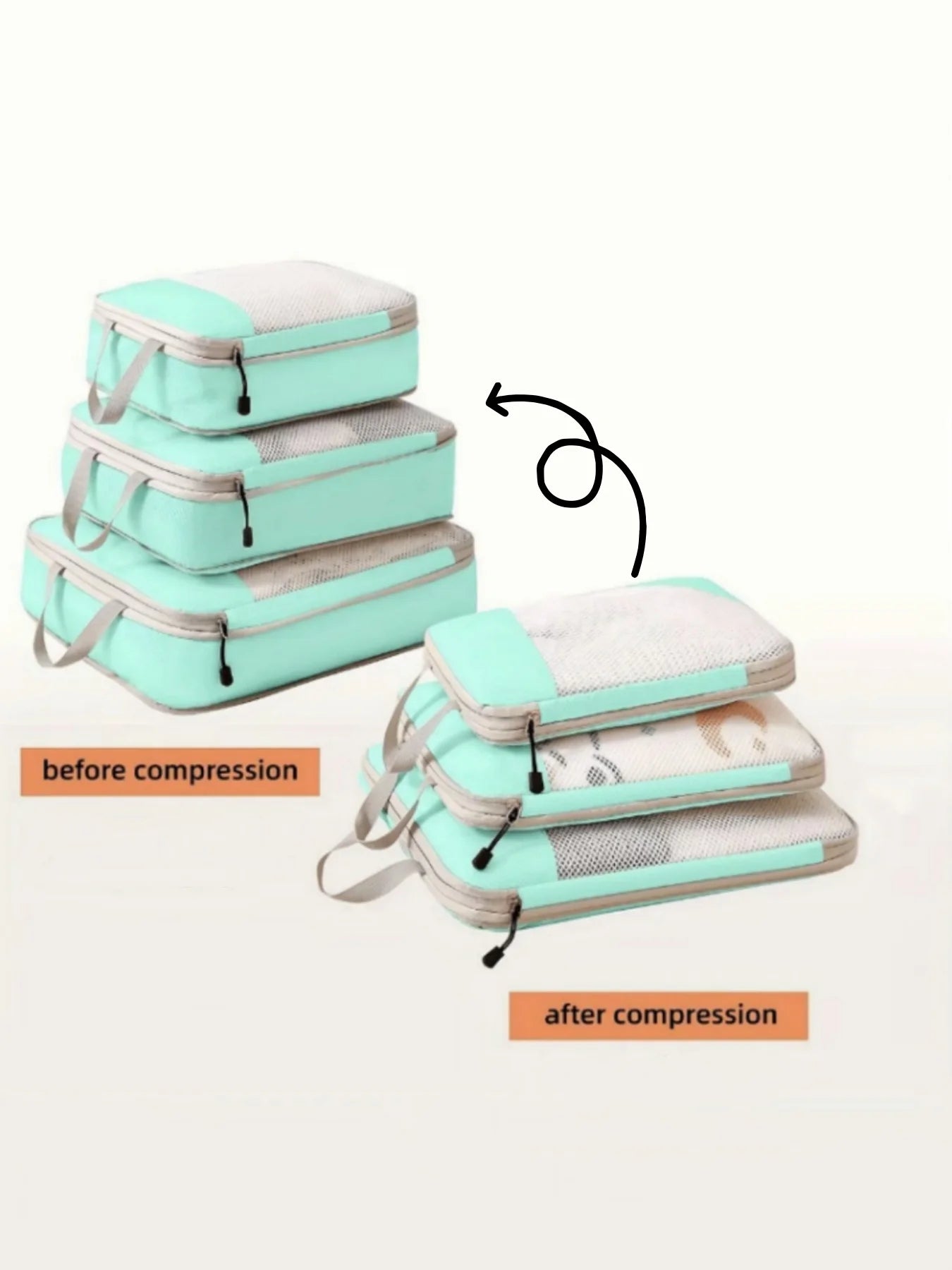 Set of 3 Compressible Packing Travel Storage Bags Cubes Waterproof Suitcase Nylon Portable with Handbag Luggage Organizer