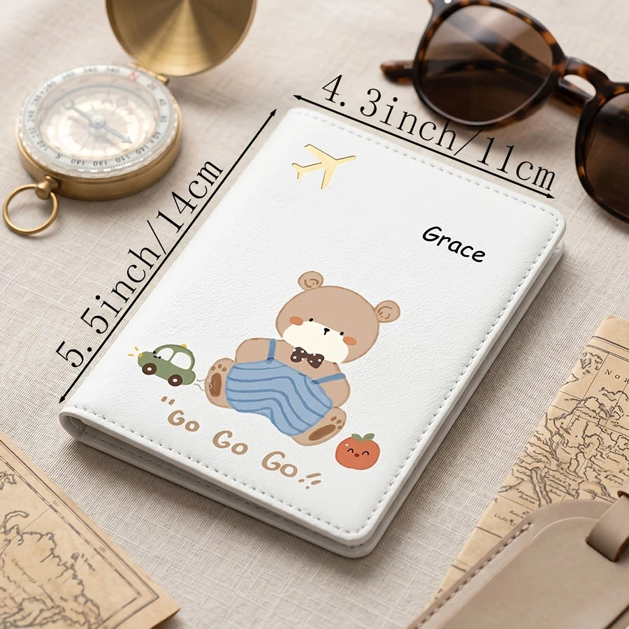 Personalized Passport Holder with Protective Cover - Custom Name/Text, Cute Cartoon Bear Pattern Design