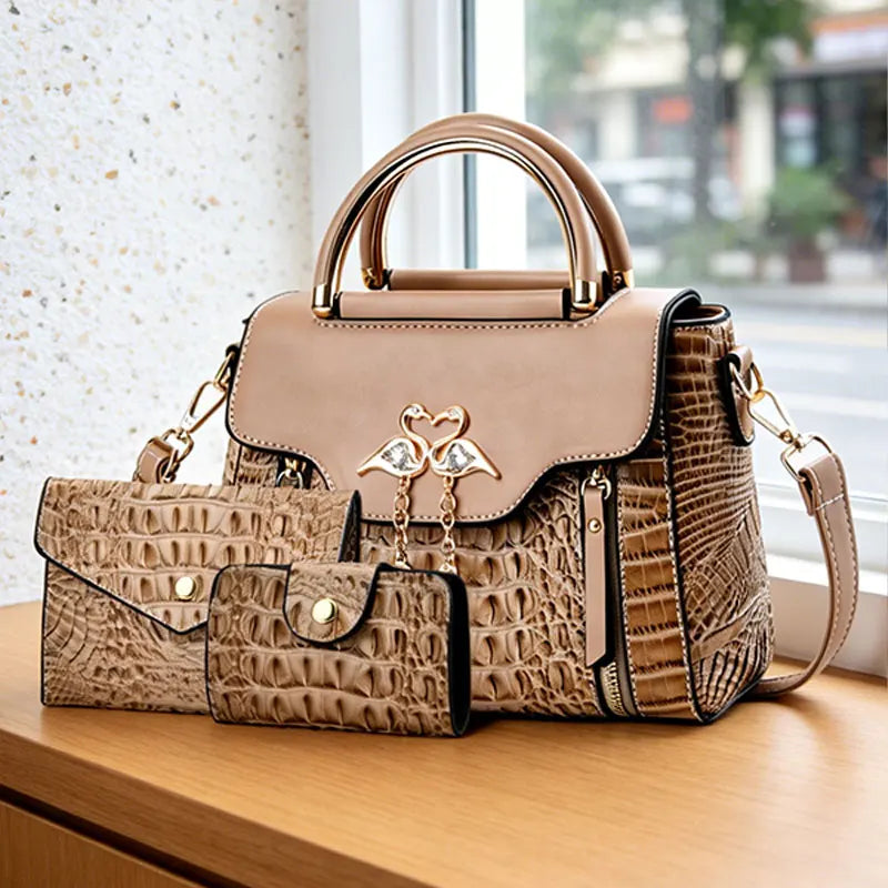 3-piece women's bag set, ladies handbag, crocodile pattern leather shoulder and crossbody bag, fliptop design bag, birthday gift