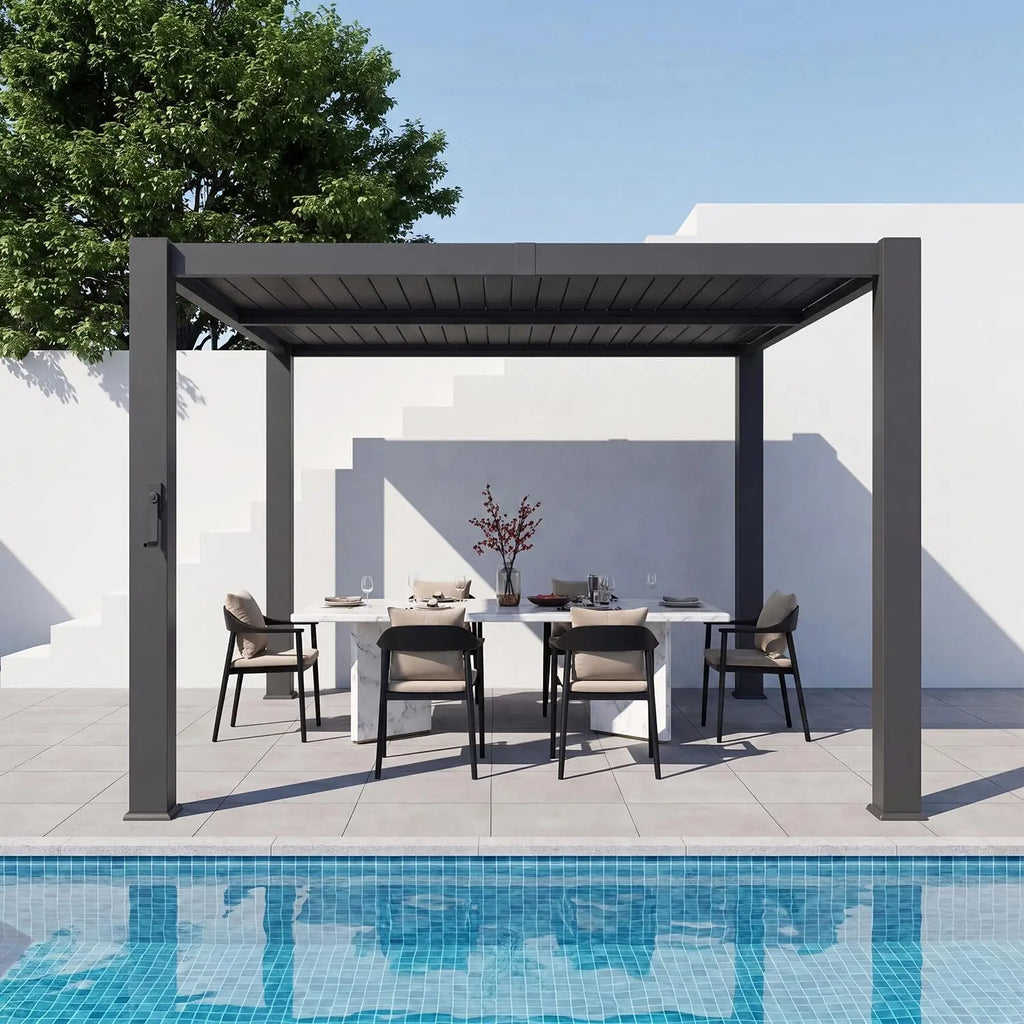 Aoxun 10x10FT Louvered Aluminum Pergola Adjustable Roof Metal Pergola for Decks Gardens Backyards Easy Assembly Gray