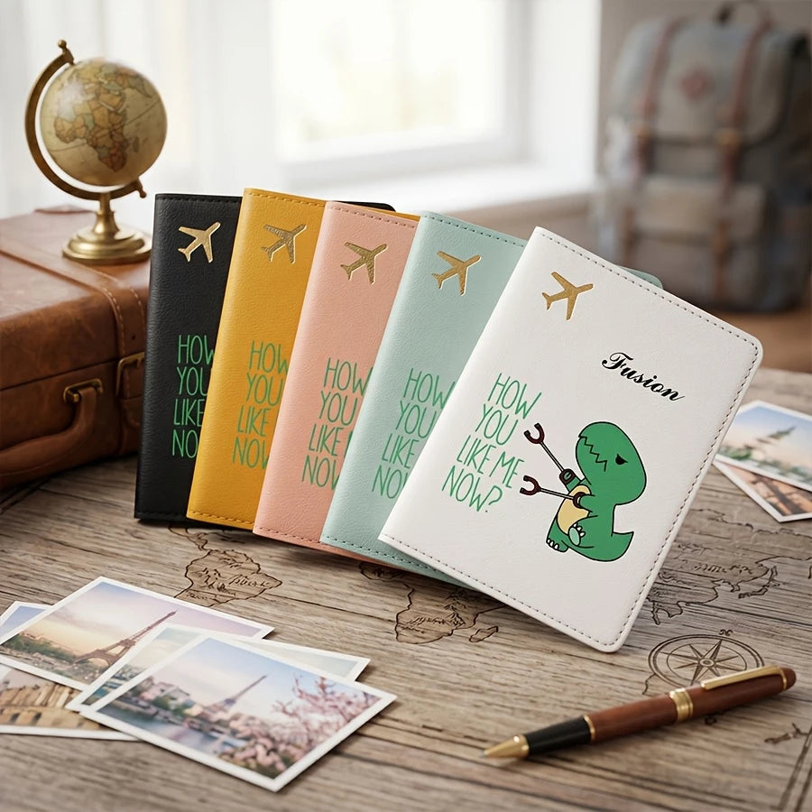 Personalized Passport Holder And Cover - Custom Name/Text, Cute Individual Dinosaur Design, Available in Pastel Or Black
