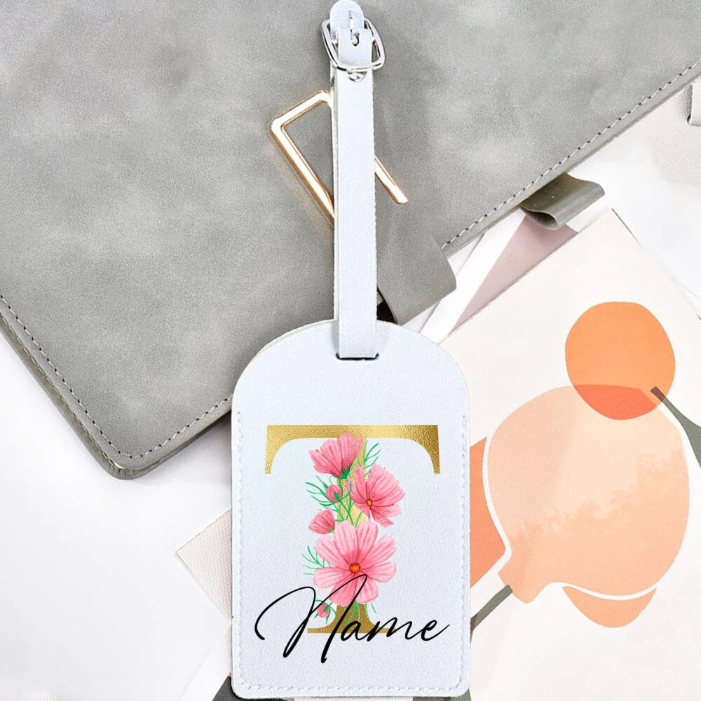 Personalised Golden Letters + Flower Luggage Tag, Custom Name Suitcase Label Baggage Tags Travel Accessorie