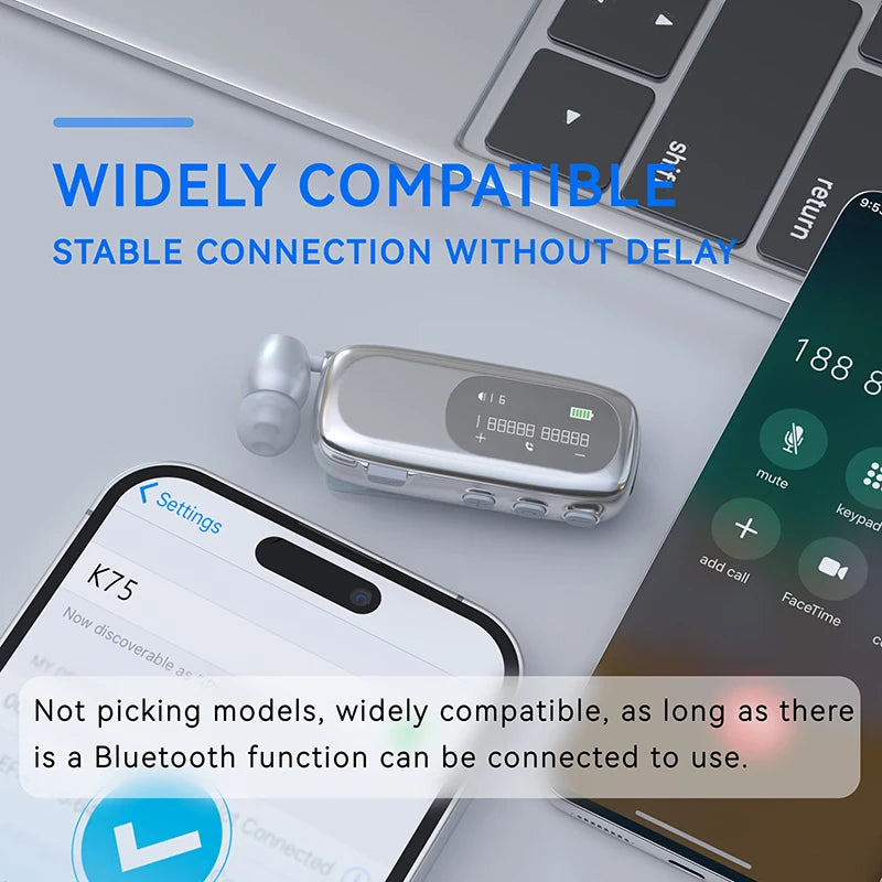 K75 Lavalier Business Bluetooth 5.4 Headphone Talk Time 20 Hours,LED Display,Voice broadcast Wireless Earphones For Work Driving