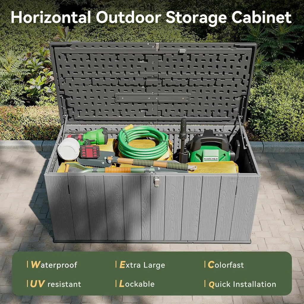 Aoxun 21 Cu Ft HDPE Outdoor Storage Box Waterproof Lockable Resin Deck Box With Spring Assisted Lid 5x2ft Garden Shed For Tools Pool Accessories Grey