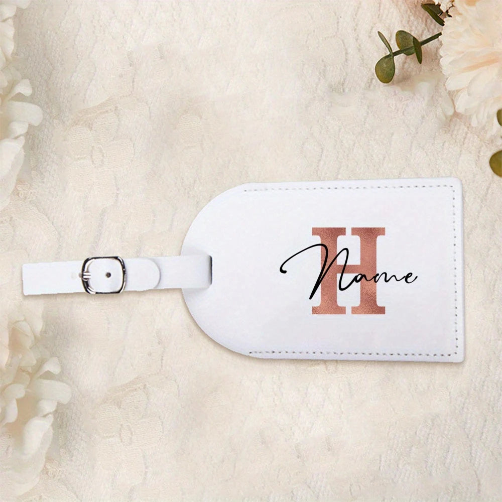 Personalized White Luggage Tag with Rose Golden Initials, Perfect for Your Suitcase Or Travel Bag