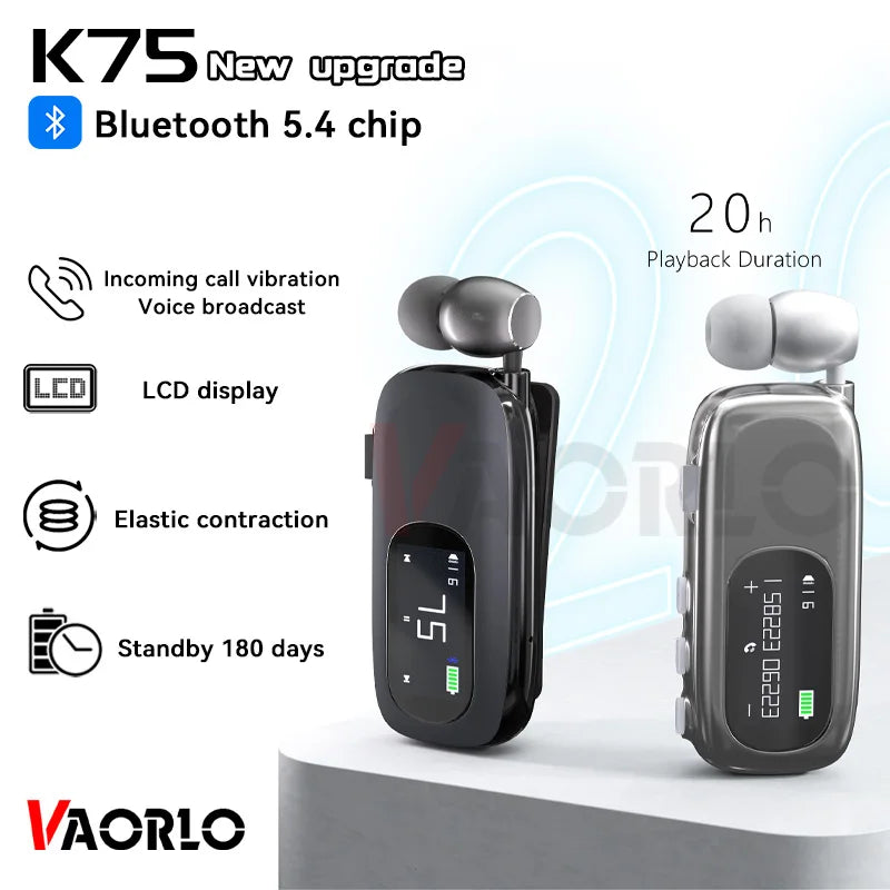 K75 Lavalier Business Bluetooth 5.4 Headphone Talk Time 20 Hours,LED Display,Voice broadcast Wireless Earphones For Work Driving