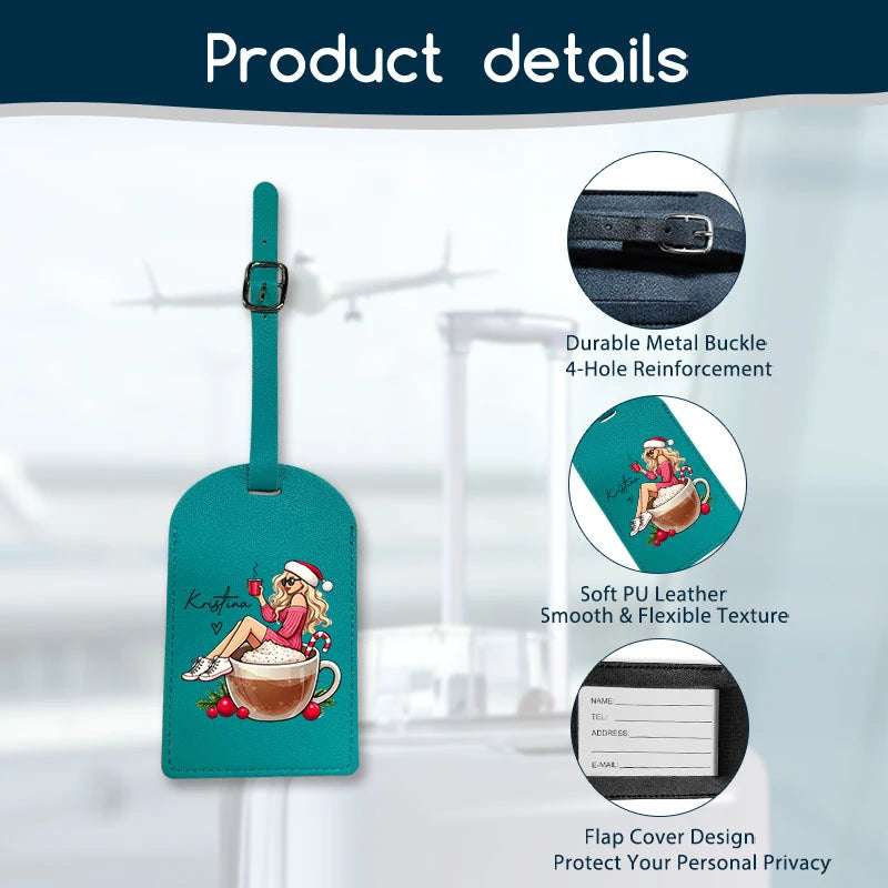 Customizable Luggage Tag Cute Coffee Girl Graphic PU Travel Identifier Bag Accessories Perfect for Suitcases Backpacks