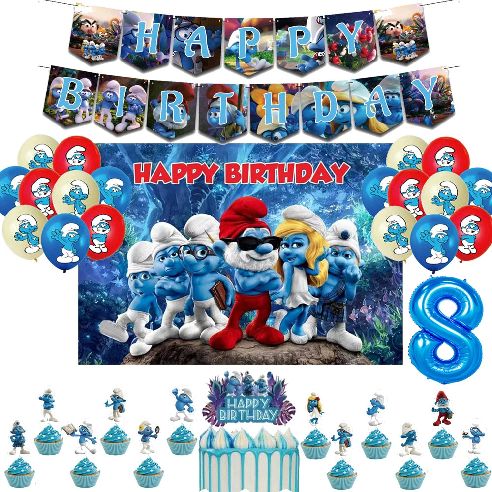 Smurfsed Happy Birthday Decoration Party Supplies Balloon Banner Number Blue Elf Theme Backdrop Cake Topper Baby Shower Boy Girl