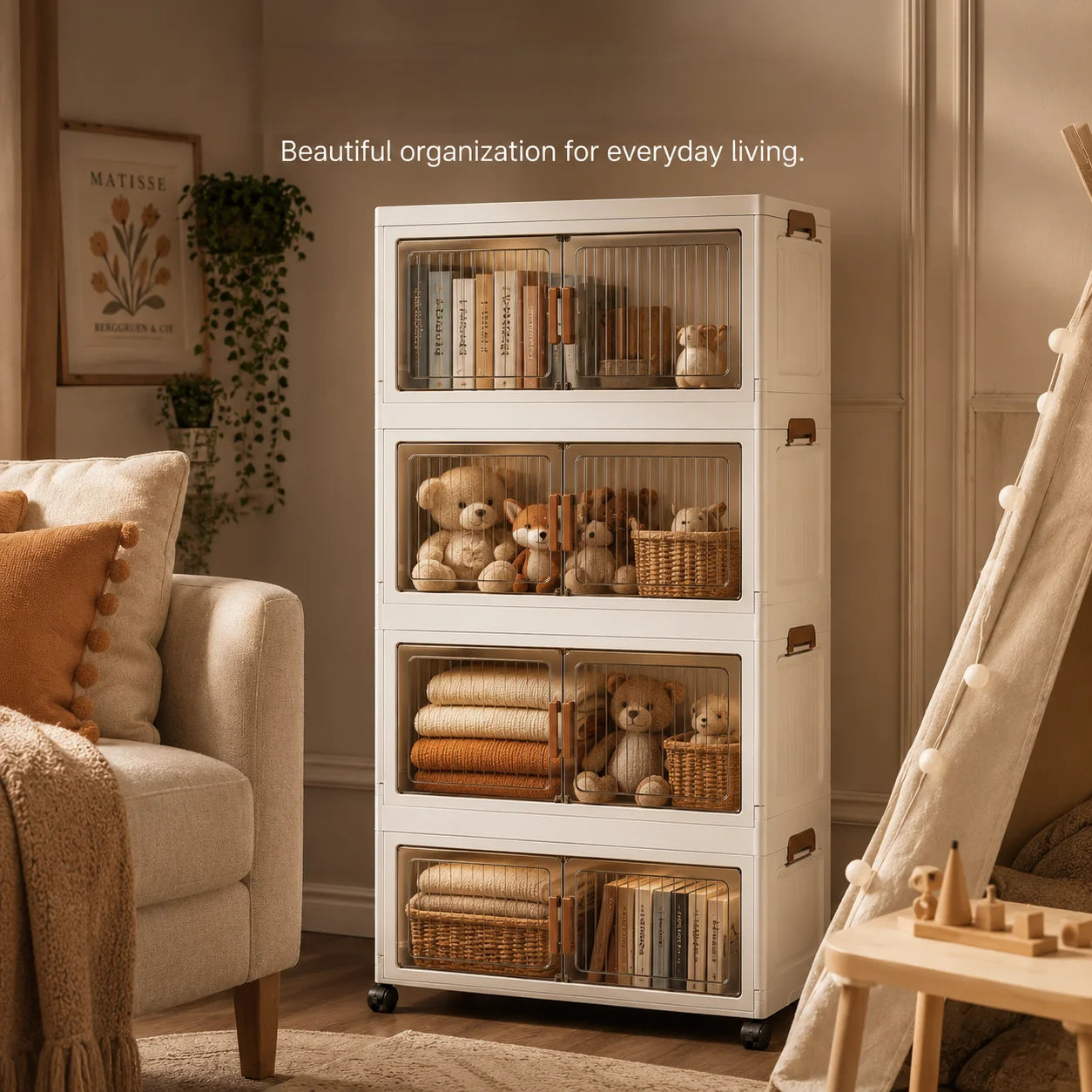 3/4/5-tier home office storage boxes, modular stackable and foldable storage cabinets, with semi-transparent compartments, double doors, and lockable wheels, dustproof foldable plastic storage boxes with wood grain handles, w