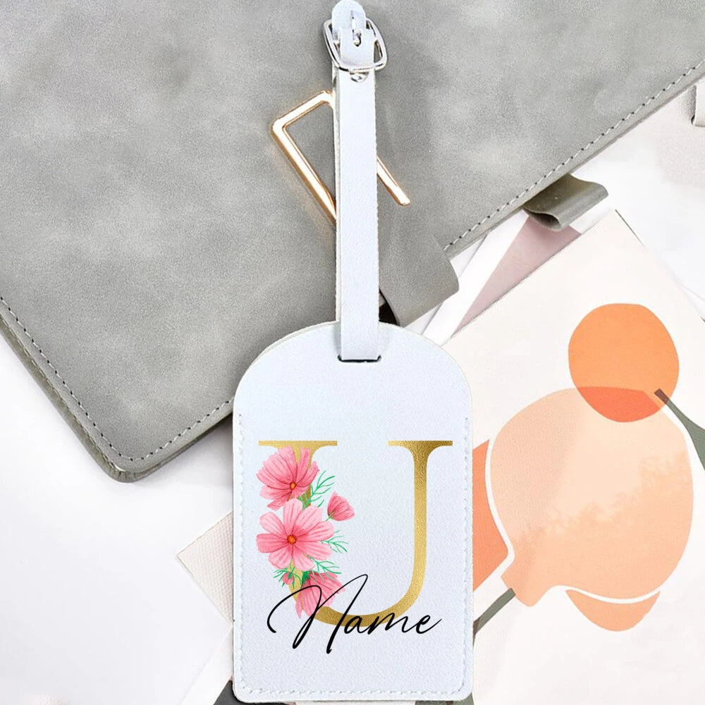 Personalised Golden Letters + Flower Luggage Tag, Custom Name Suitcase Label Baggage Tags Travel Accessorie