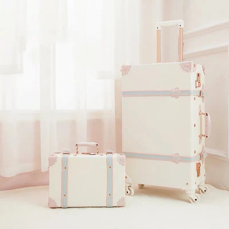 Vintage Luxury Travel Suitcase Set with Handbag PU Leather Trolley Luggage Valise Women Cute Rolling Luggage 20/22/24/26 Inch