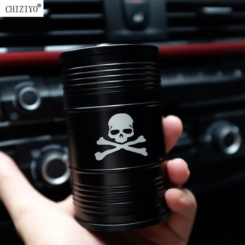 Creative Oil Drum Shape Skull Car Ashtray Alloy With Lid Rotating Holder Cigarette Smoke Remover Cup Interior Accessories