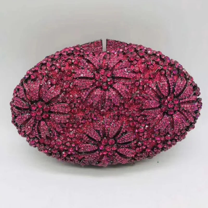 WHTUOHENG Oval Shape Fuchsia Diamond Floral Evening Clutch Women Pink/Purple Rhinestones Flower Girls Party Wedding CrystalPurse