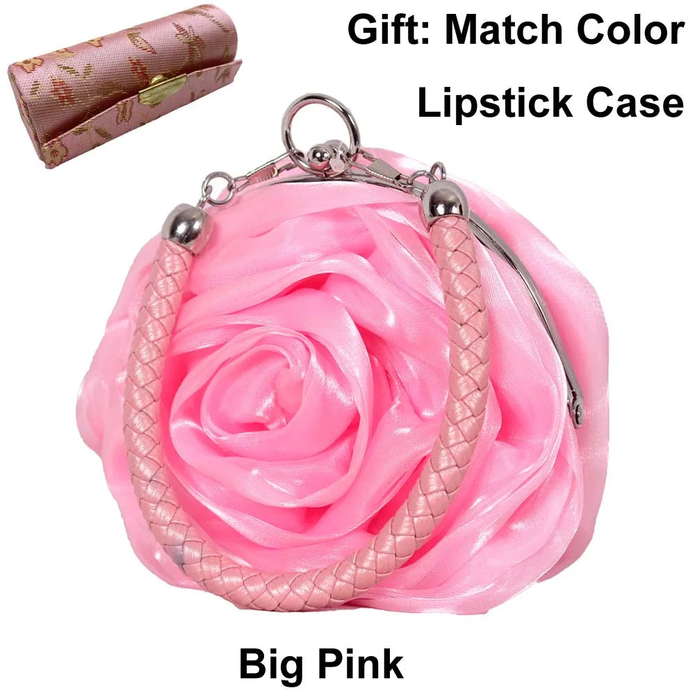 Colourful Women's Rose Flower Handbag Top Handle Bridal Bags Satin Party Wedding Evening Bags Luxury Lady Clutch Purse