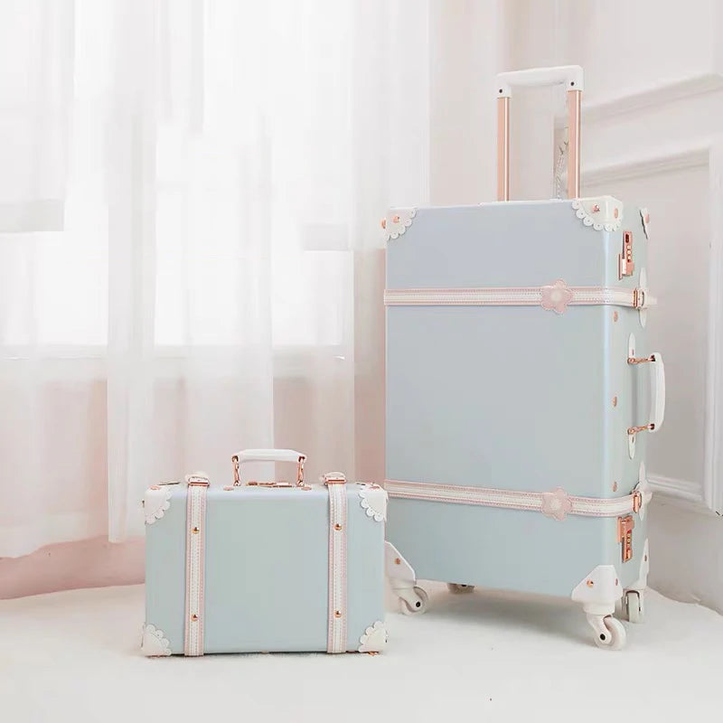Vintage Luxury Travel Suitcase Set with Handbag PU Leather Trolley Luggage Valise Women Cute Rolling Luggage 20/22/24/26 Inch