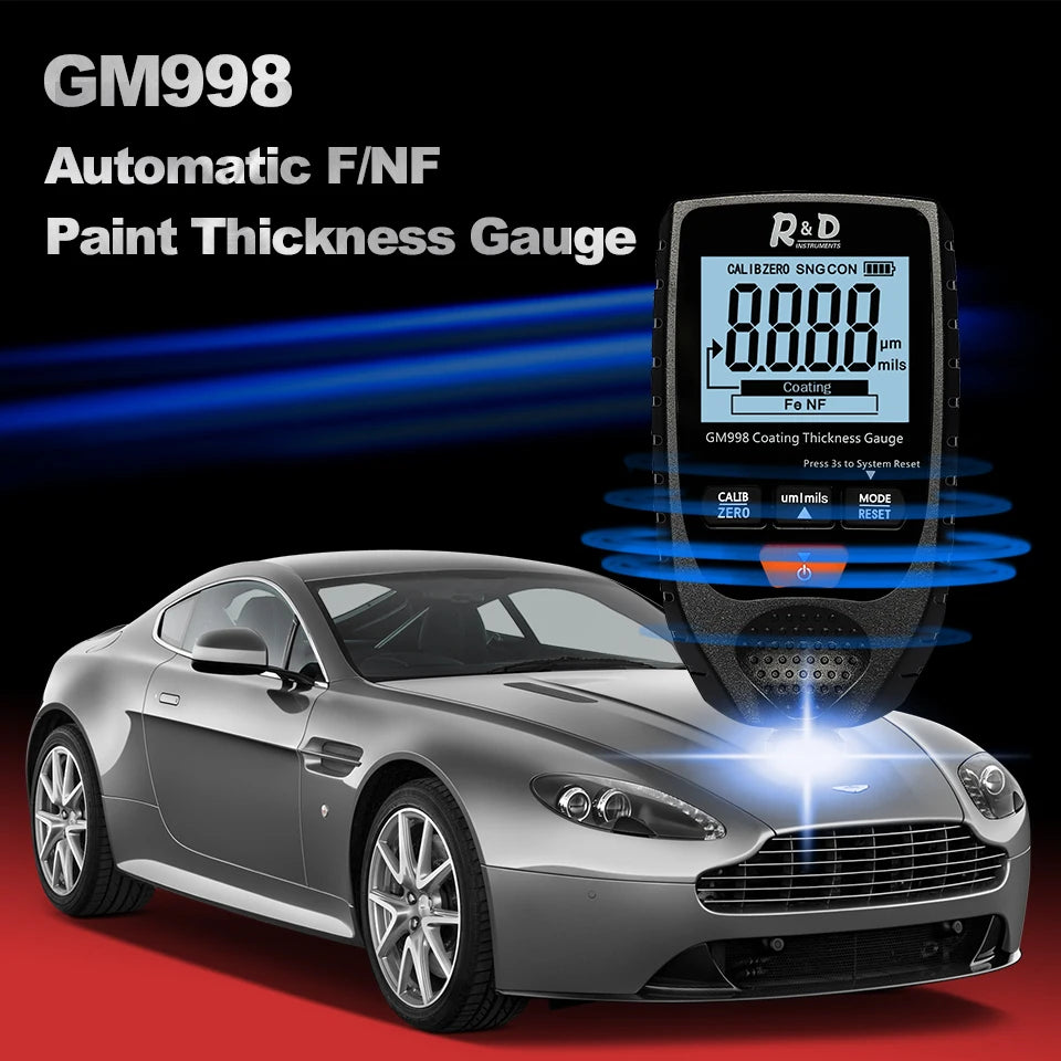 R&D GM998 car paint coating thickness gauge car paint electroplate metal coating thickness tester meter 0-1500um Fe & NFe probe