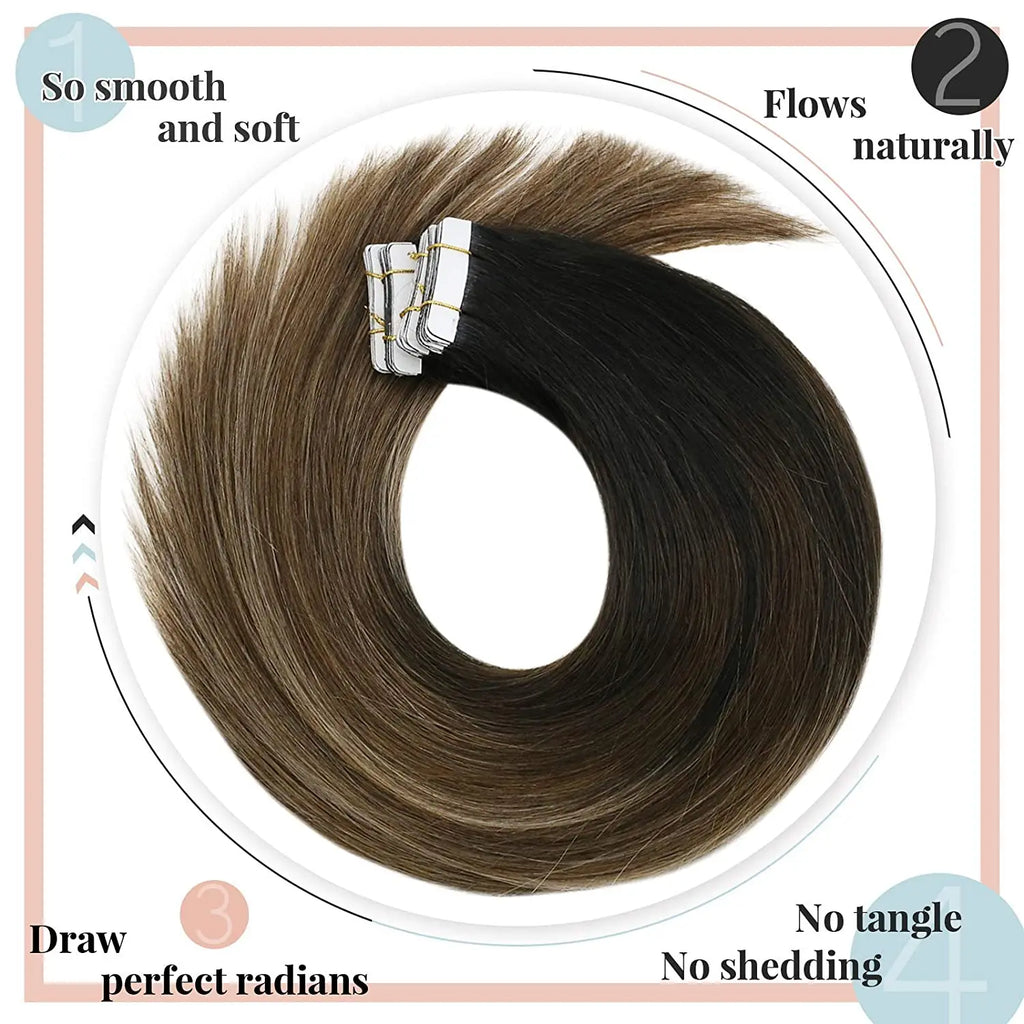 VeSunny Tape in Hair Extensions Human Hair Seamless Skin Weft Hair Extensions Double Sided Balayage Hair Color Adhesive Silky