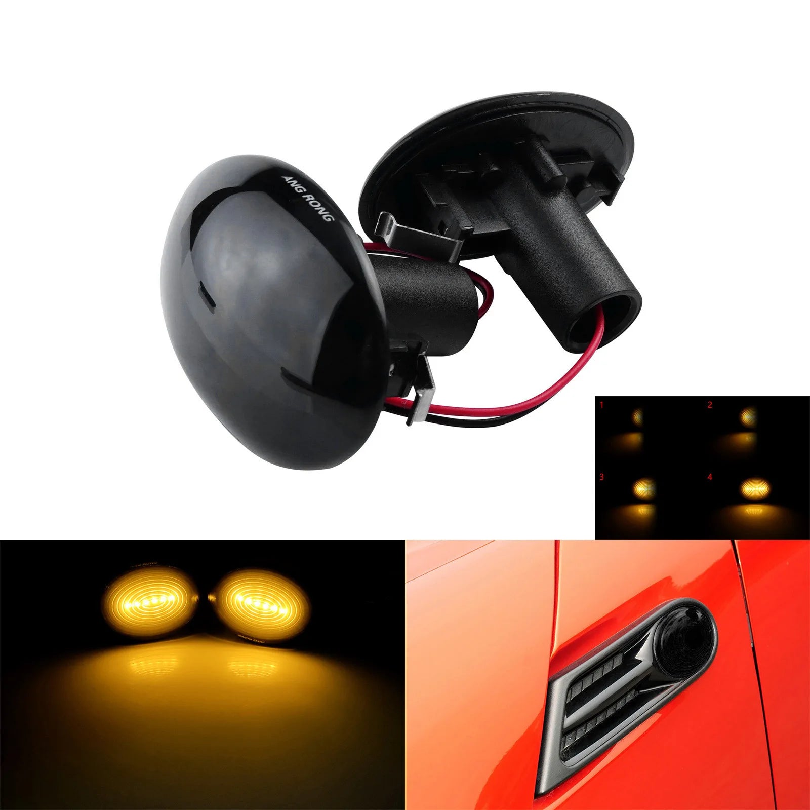ANGRONG 2X Amber Dynamic LED Side Marker Indicator Repeater Signal Light Black Lens For Mini Cooper R56 R55 R57 R58 R59