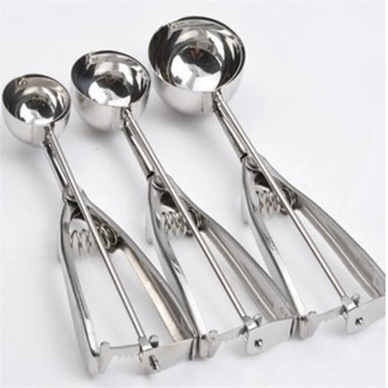 3 Size Stainless Steel Ice Cream Scoop Stack Spoon With Trigger Cookie Spoons Handle Fruit Baller Kitchen Tools Set