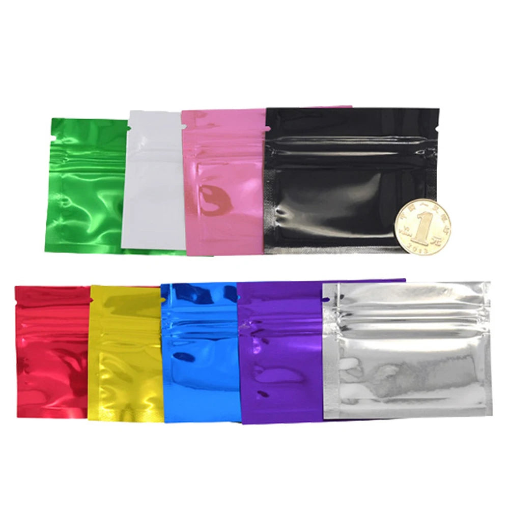 100Pcs Colorful Glossy Aluminum Foil Zip Lock Bag Tear Notch Self Grip Seal Food Ground Coffee Storage Packaging Pouches