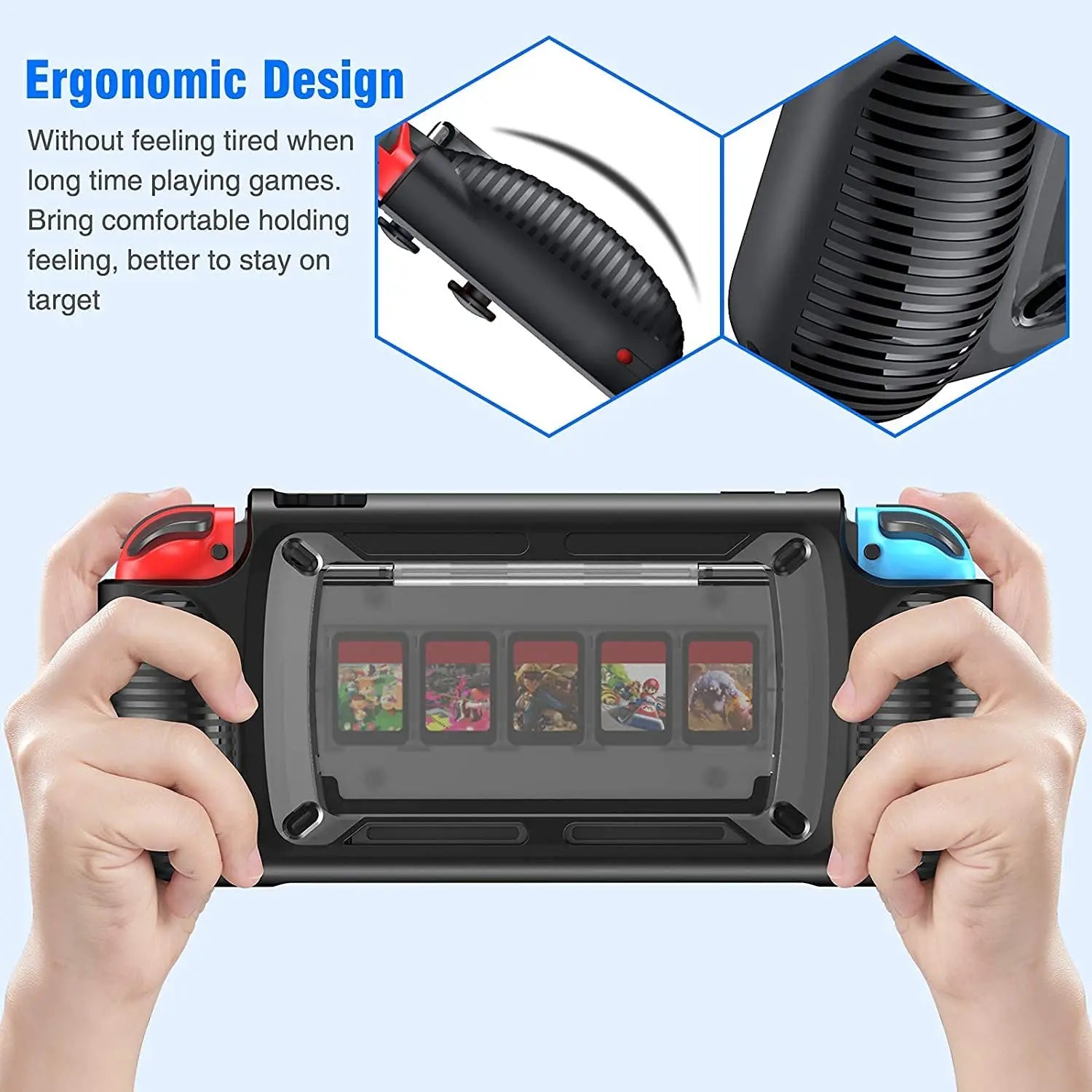 Protective Case for Nintendo Switch Grip Shell with 7 Storage Slots Multi-Angle Adjustable Stand, Handle Cover Shock-Absorption