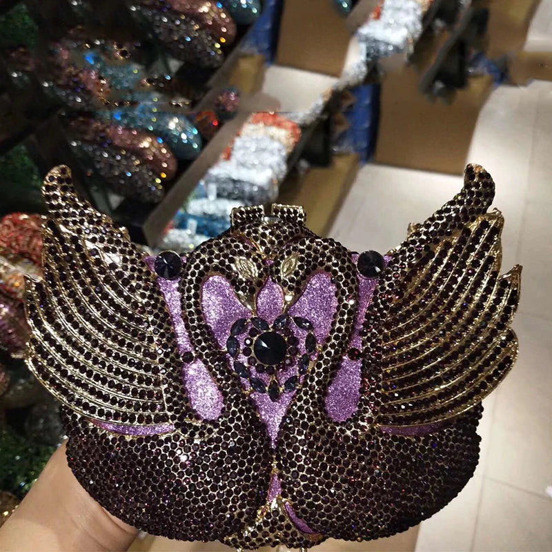 Rhinestone Evening Bag Purses  Purple/Gold  Gold Metal Bag WHTUOHENG Female Diamond Swan Shape Prom Party Purses Phone Clutch
