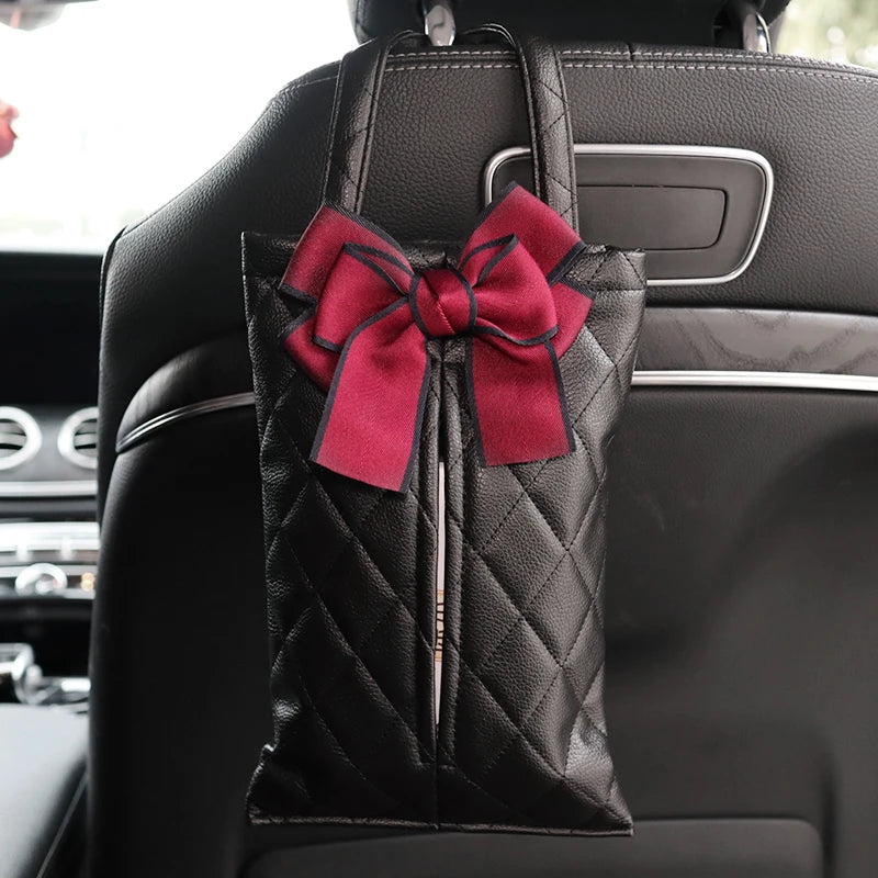 Fashion Bowknot Leather Car Tissue Boxes Cute Auto Seat Back Tissue Bag Organizer Car Decoration Auto Interior Storage Bag
