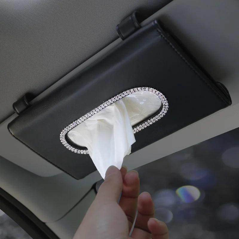 Fashion Crown Crystal Car Tissue Box Sun Visor Leather Auto Tissue Bag Sunvisor Hanging Holder Case Napkin For Car Accessories