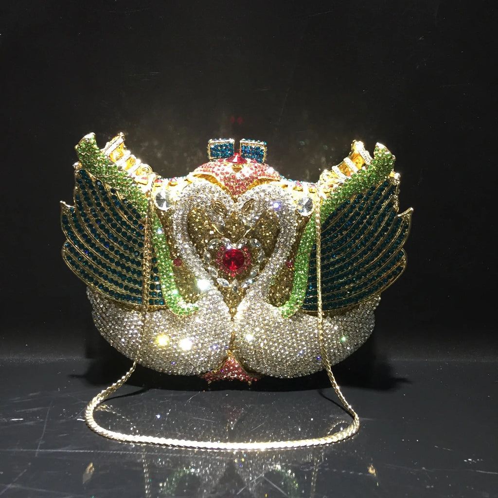 Rhinestone Evening Bag Purses  Purple/Gold  Gold Metal Bag WHTUOHENG Female Diamond Swan Shape Prom Party Purses Phone Clutch