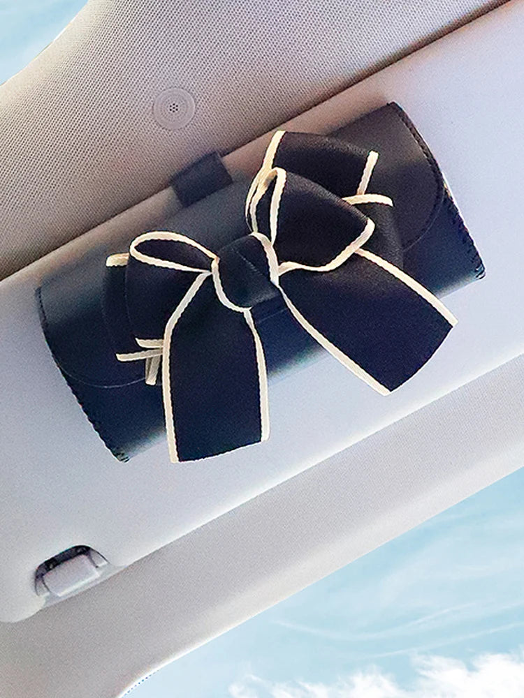Cute Bowknot Car Glasses Box Universal Leather Sunglasses Case Storage Holder Bag Sunshade Organizer Auto Interior Accessories