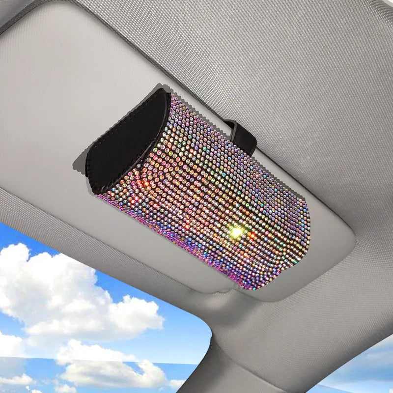 Bling Rhinestone Car Glasses Case Sunglasses Storage Box Crystal Auto Interior Accessories Sun Visor Organizer Glasses Holder