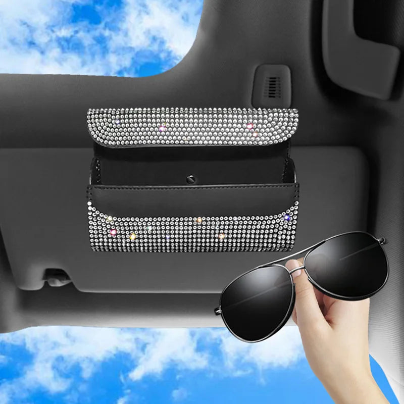 Bling Rhinestone Car Glasses Case Sunglasses Storage Box Crystal Auto Interior Accessories Sun Visor Organizer Glasses Holder