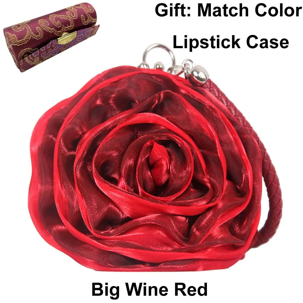 Colourful Women's Rose Flower Handbag Top Handle Bridal Bags Satin Party Wedding Evening Bags Luxury Lady Clutch Purse