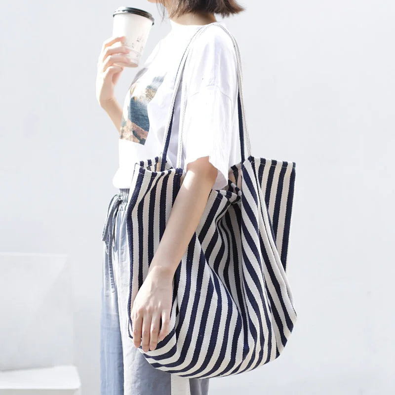Casual Fashion Large Capacity Shoulder Bags For Women Striped Handbag Totes Canvas Big Size Shopping Bag Female Travel Pack