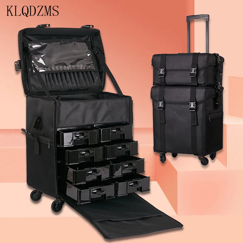 KLQDZMS Professional Cosmetic Case Female Oxford Cloth Beauty Manicure Toolkit Large Capacity Trolley With Wheel Luggage Bag